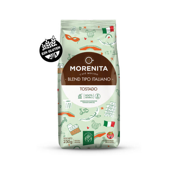 Morenita Café Tostado molido Blend tipo Italiano 100% arábica X 250 Grs.